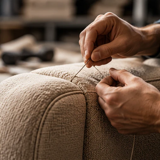 Illustrative close up of precise upholstery hand stitching