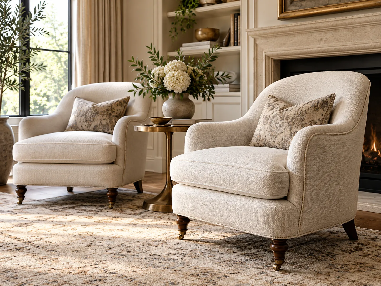Custom upholstered armchairs presented in a warm residential interior